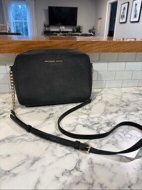 Michael Kors Black Leather Crossbody with Gold Chain Accent